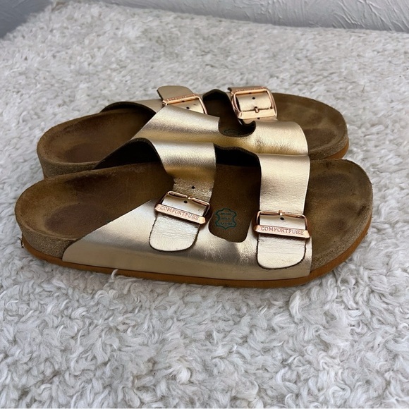 Comfortfusse  Strap Slides Leather Handmade Cork Metallic SZ 39 8.5 - Picture 2 of 10